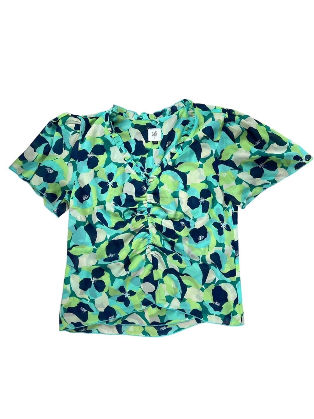 CAbi Teal & Navy Floral Ruched V-Neck Top